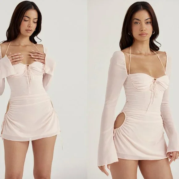 HOUSE OF CB 'Baby' Pink Quartz Chiffon Cutout Halter Mini Dress NWOT